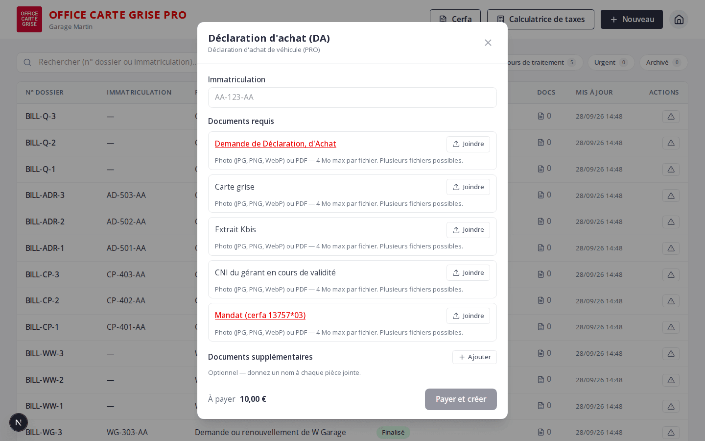 Assistant de déclaration d'achat dans la console Service Pro, sans champ de nom client